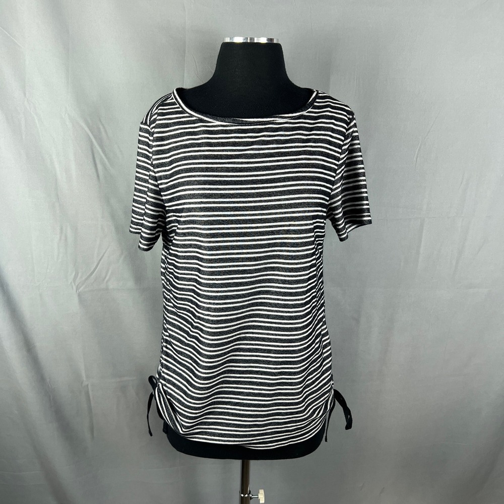 Jw Style T Shirt Womens L White Black Striped Adjustable Drawstring Short Sleeve